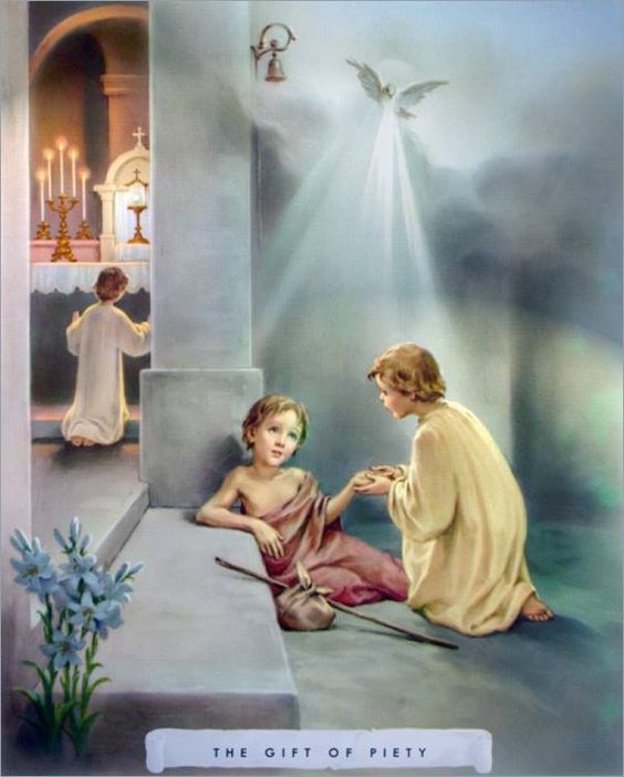 Holy card of piety. Angel helps a crippled child and another child kneels before the Tabernacle.