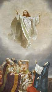 Jesus ascending on cloud as people watch
