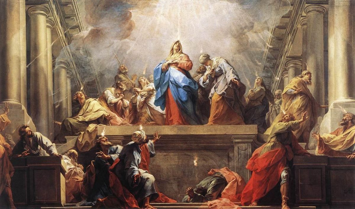 Mary, Apostles and Disciples receiving tongues of fire of Holy Spirit