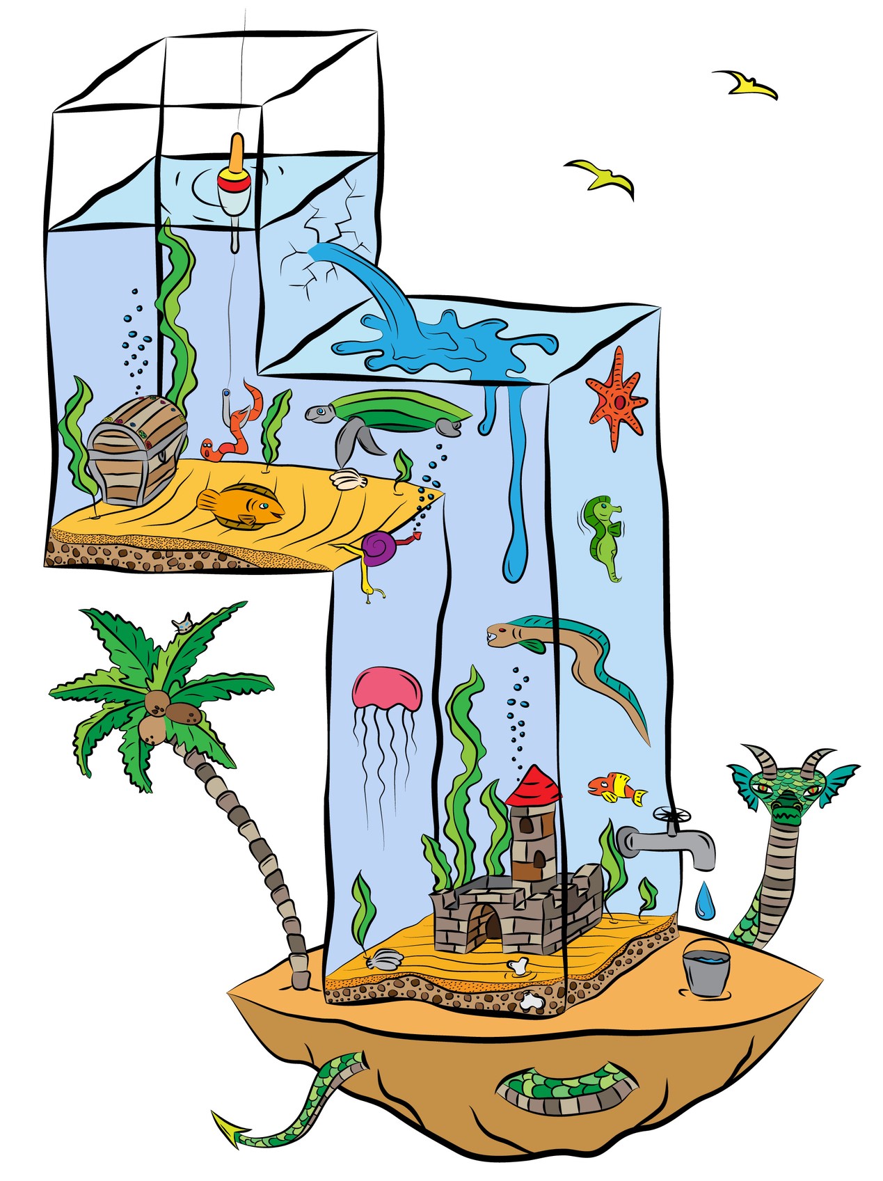 "4" shaped aquarium of earth and water and fish and plants