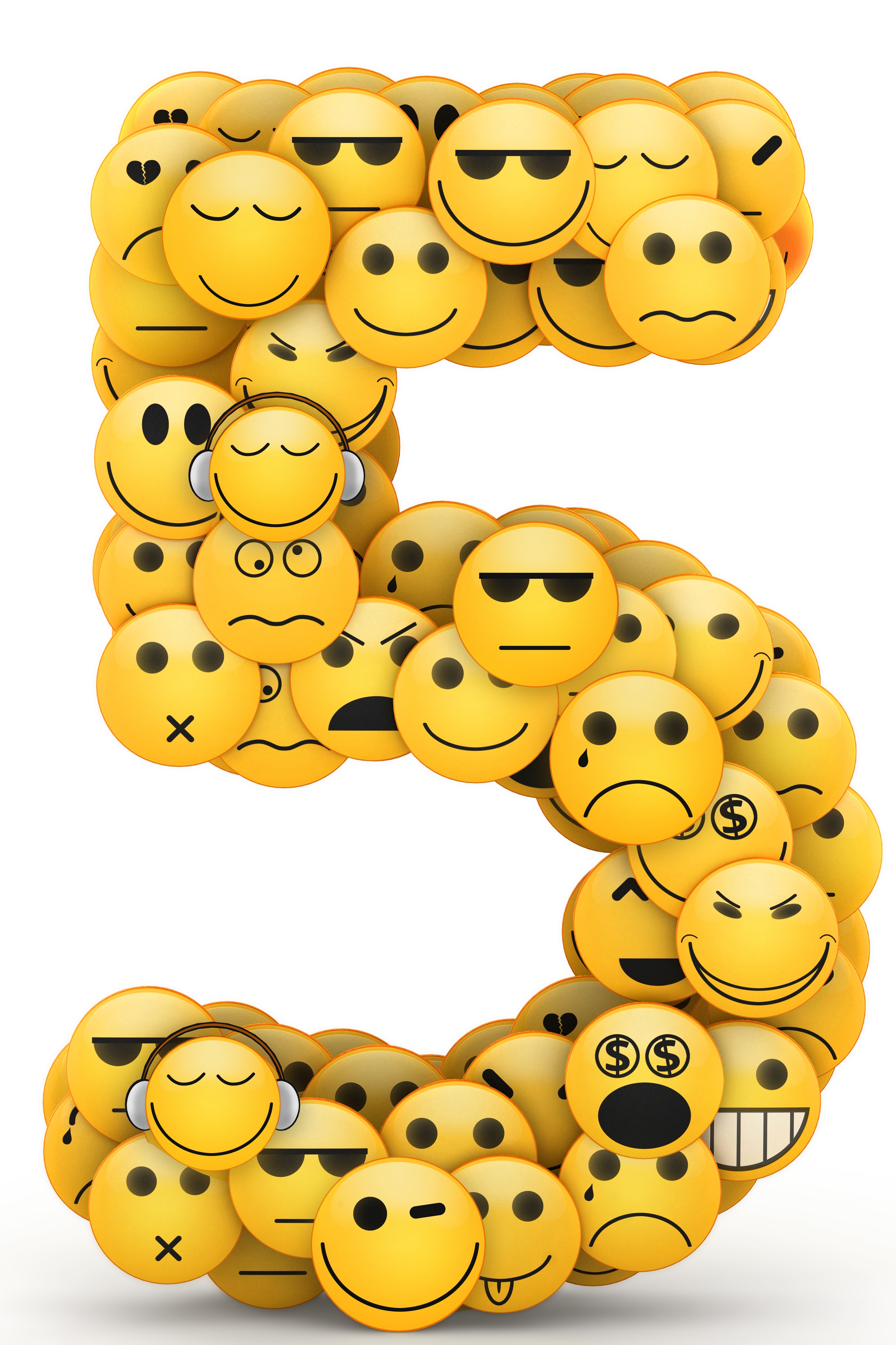 Happy, sad, etc. faces filling the shape of number 5