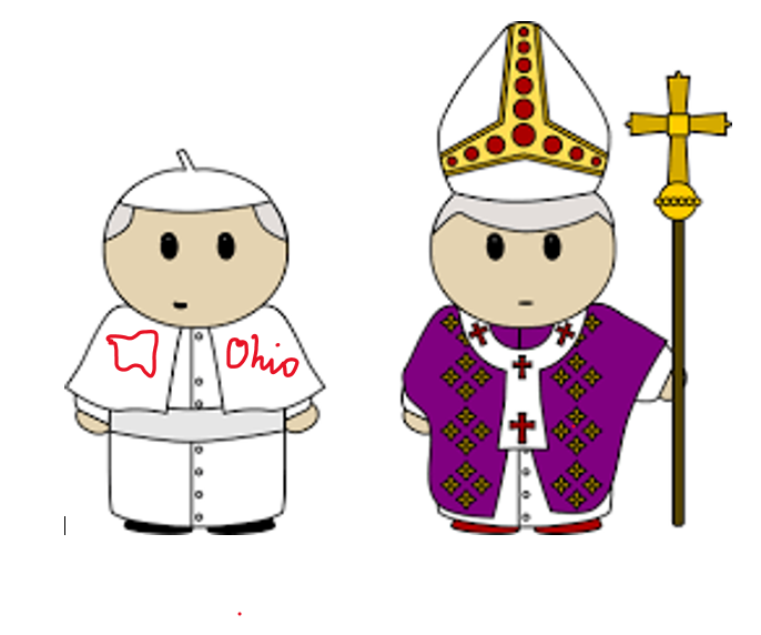 two cartoon pope dolls, one with an outline of the State of Ohio and Ohio written on it in red.